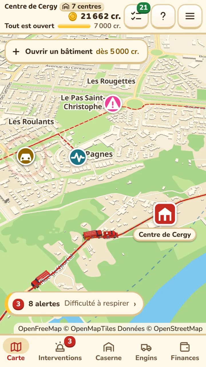 Capture du jeu&nbsp;: la carte d’une ville, un centre de secours, des alertes et des engins de pompiers en route.