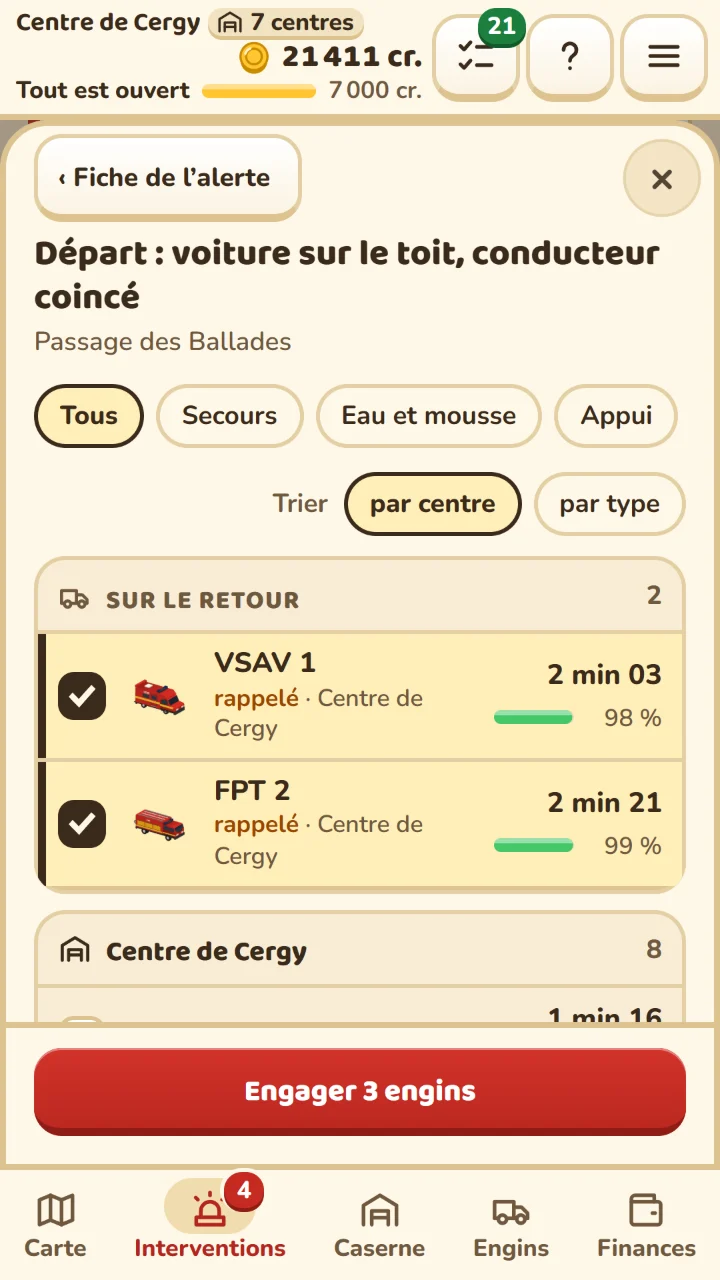 Capture du jeu&nbsp;: l’écran de départ, la liste des engins disponibles avec leur délai de route, et ceux qui sont cochés.