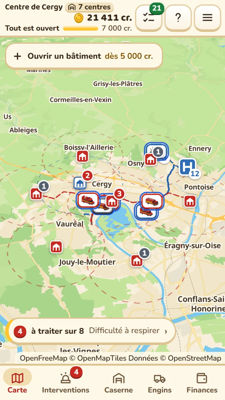 Capture du jeu&nbsp;: la carte d’un réseau de sept centres de secours, leurs secteurs et leurs engins en intervention.