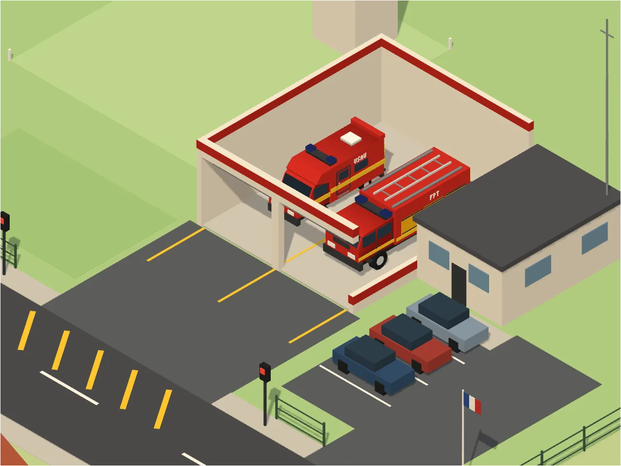 Un centre de secours du jeu, en trois dimensions&nbsp;: sa remise de deux travées, un véhicule de secours et d’assistance aux victimes et un fourgon pompe-tonne.