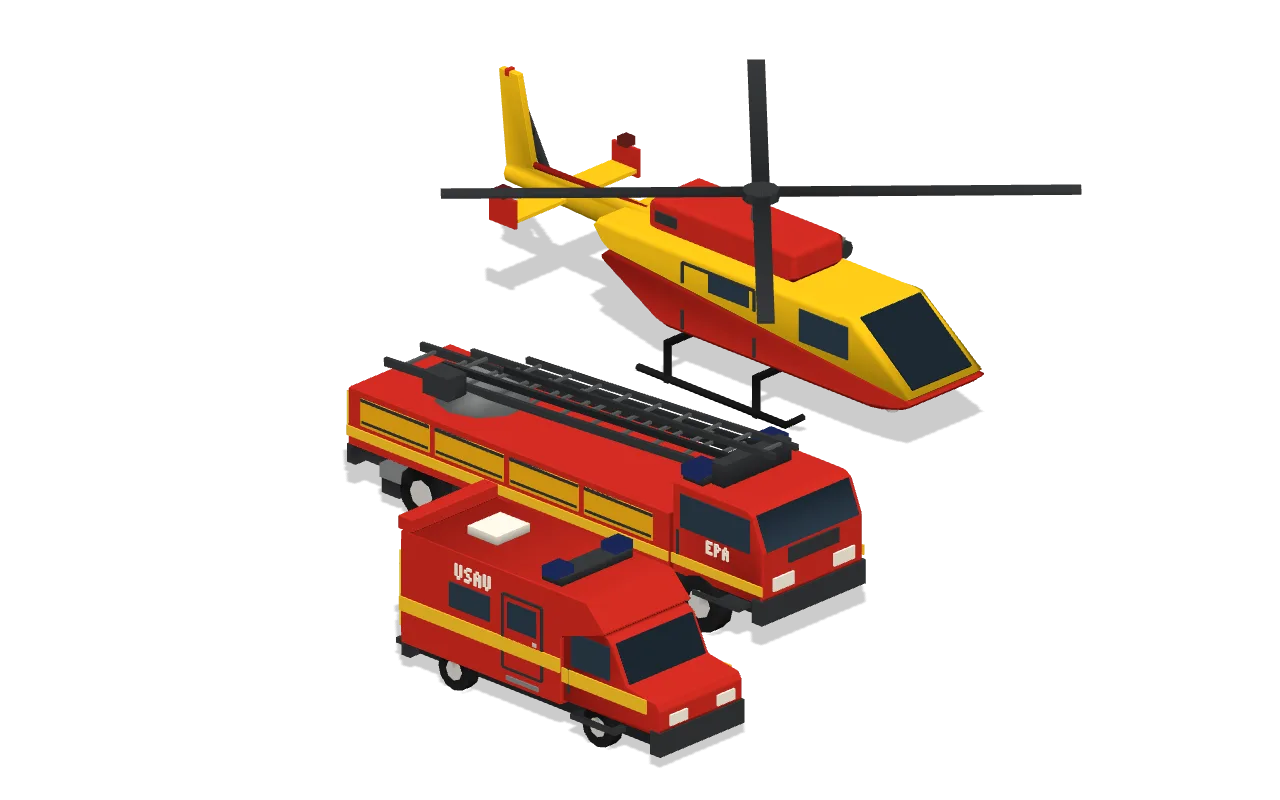 Trois engins du jeu&nbsp;: une échelle pivotante automatique, un véhicule de secours et d’assistance aux victimes et un hélicoptère de secours rouge et jaune.